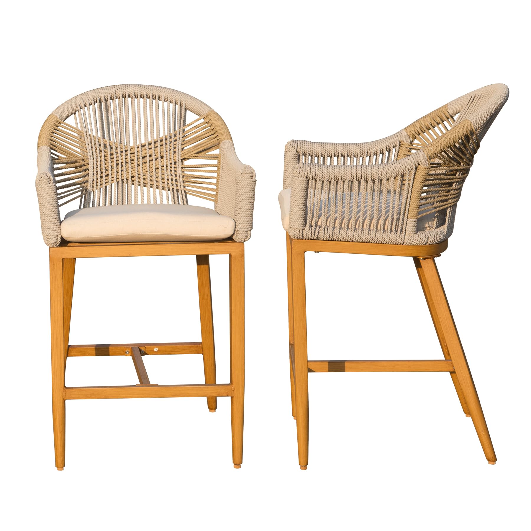 Bar Stools Set Of 2 With Arm And Backrest, Outdoor Counter Height Bar Chairs With Cushion, Aluminum Tall Bar Stools Modern Textilene Rope Boho Barstools For Garden, Pool, Patio, Kitchen Rounded Backre Yes Khaki Garden & Outdoor 2 Person Seating Group