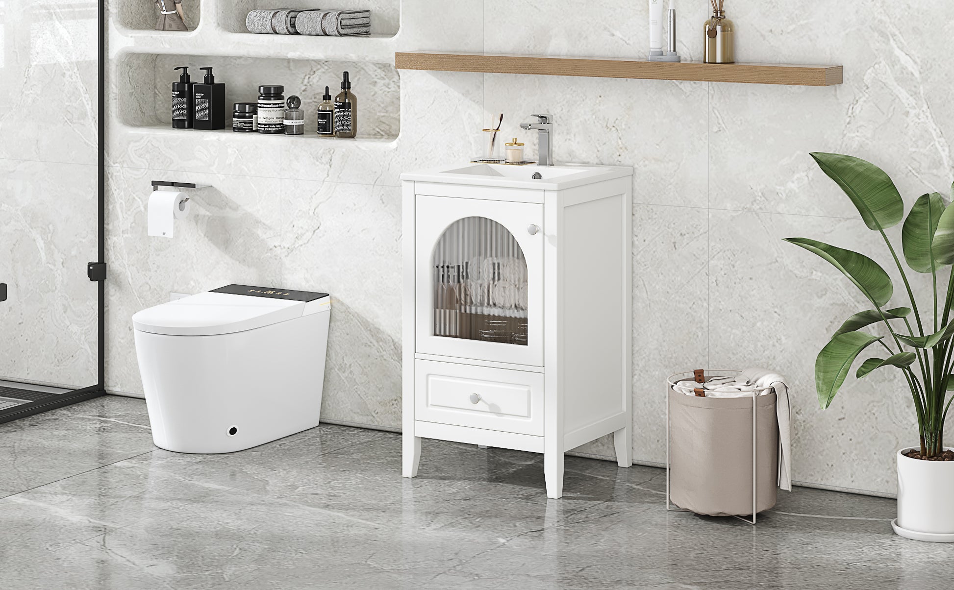 20" Bathroom Vanity With Sink, Bathroom Cabinet With Soft Closing Glass Door, A Drawer, White White Mdf