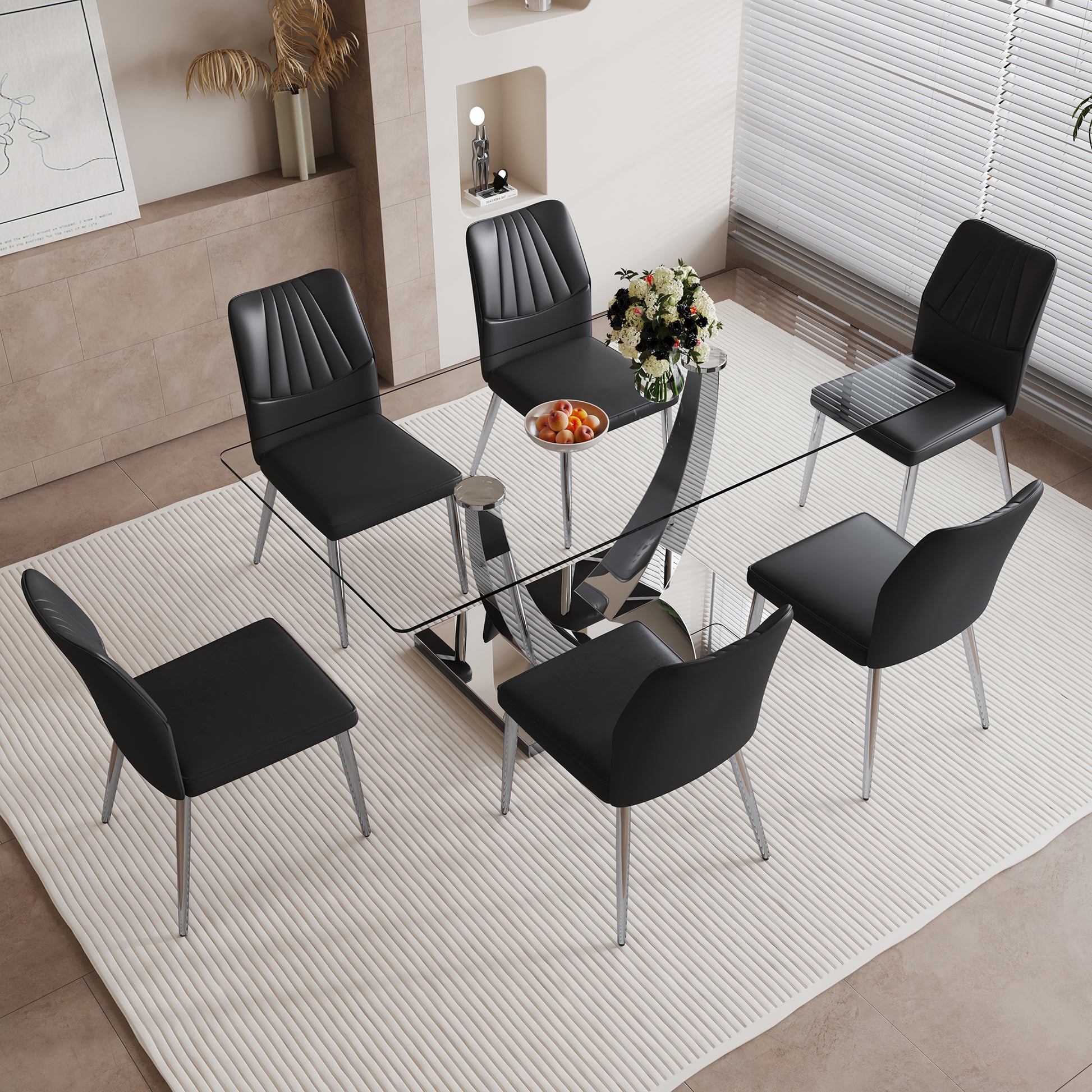 Table And Chair Set.Contemporary, Minimalist Rectangular Dining Table Featuring A Clear Tempered Glass Top And Sleek Silver Legs. Paried With Chairs Made Of Pu Material Cushion And Silver Metal Legs. Black Seats 6 Glass Metal