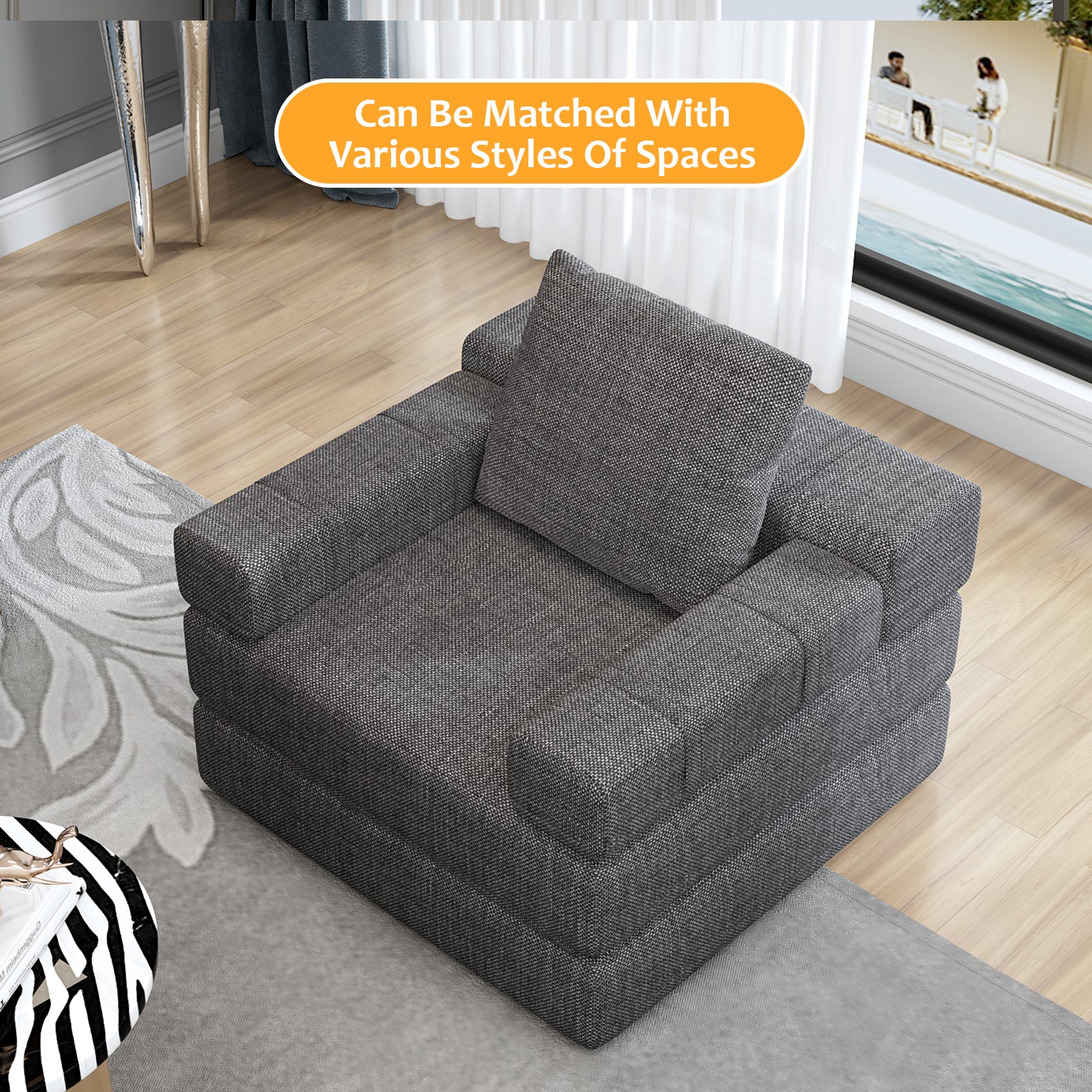 Single Sofa Chair That Converts To A Single Sofa Bed For Living Room, Guest Room, Playroom, Dark Grey Dark Grey Primary Living Space Modern Foam Linen