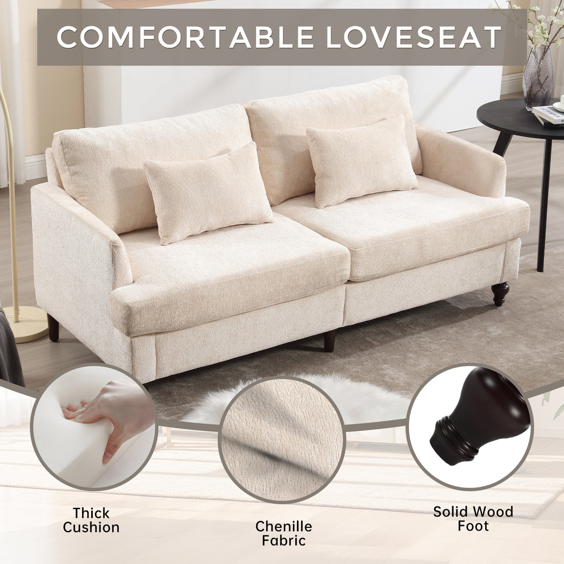 Coolmore Mid Century Modern Chenille Fabric Loveseat Sofa, 2 Seat Upholstered Loveseat Sofa Modern Couch For Living Room,Brown Wood Feet Sofa For Bedroom, Reading Beige Chenille Beige Chenille 2 Seat