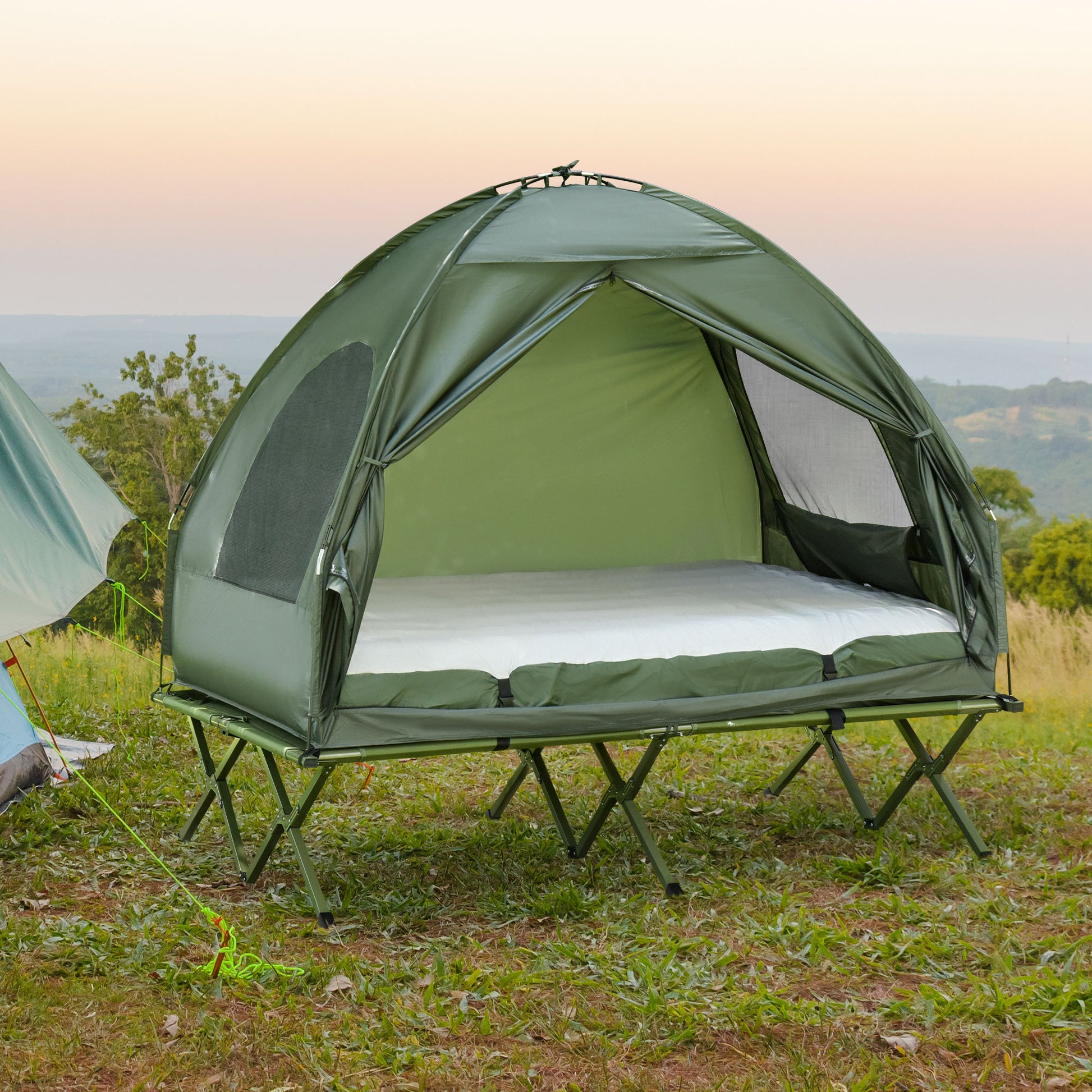 Outsunny 2 Person Foldable Camping Cot With Tent, Bedspread And Thick Air Mattress, 4 In 1 Elevated Camping Bed Tent For Outdoor Hiking, Picnic, Travel Dark Green Polyester