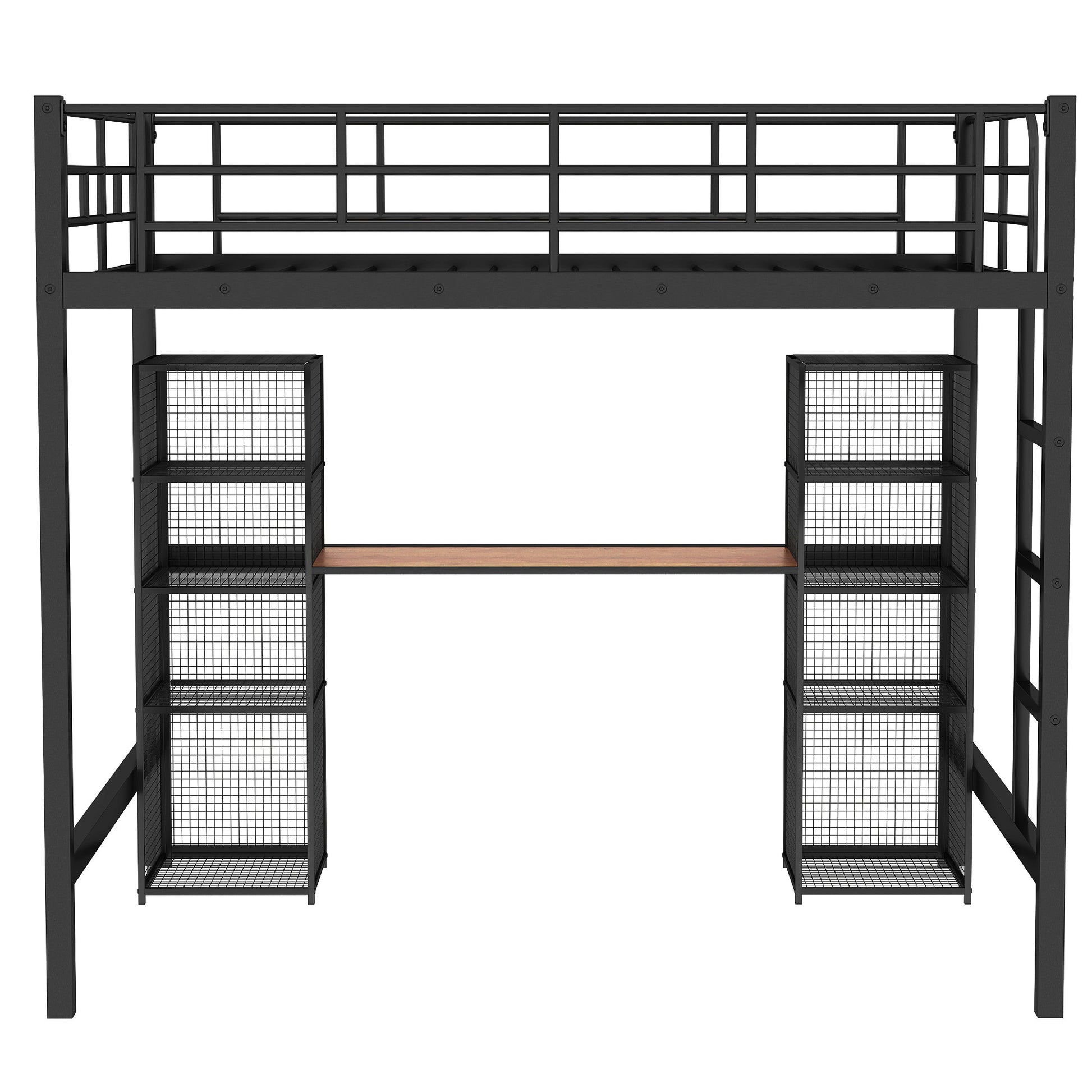Full Size Metal Loft Bed With Built In Desk And Shelves, Black Brown Box Spring Not Required Full Black Brown Metal Bedroom Mdf Metal