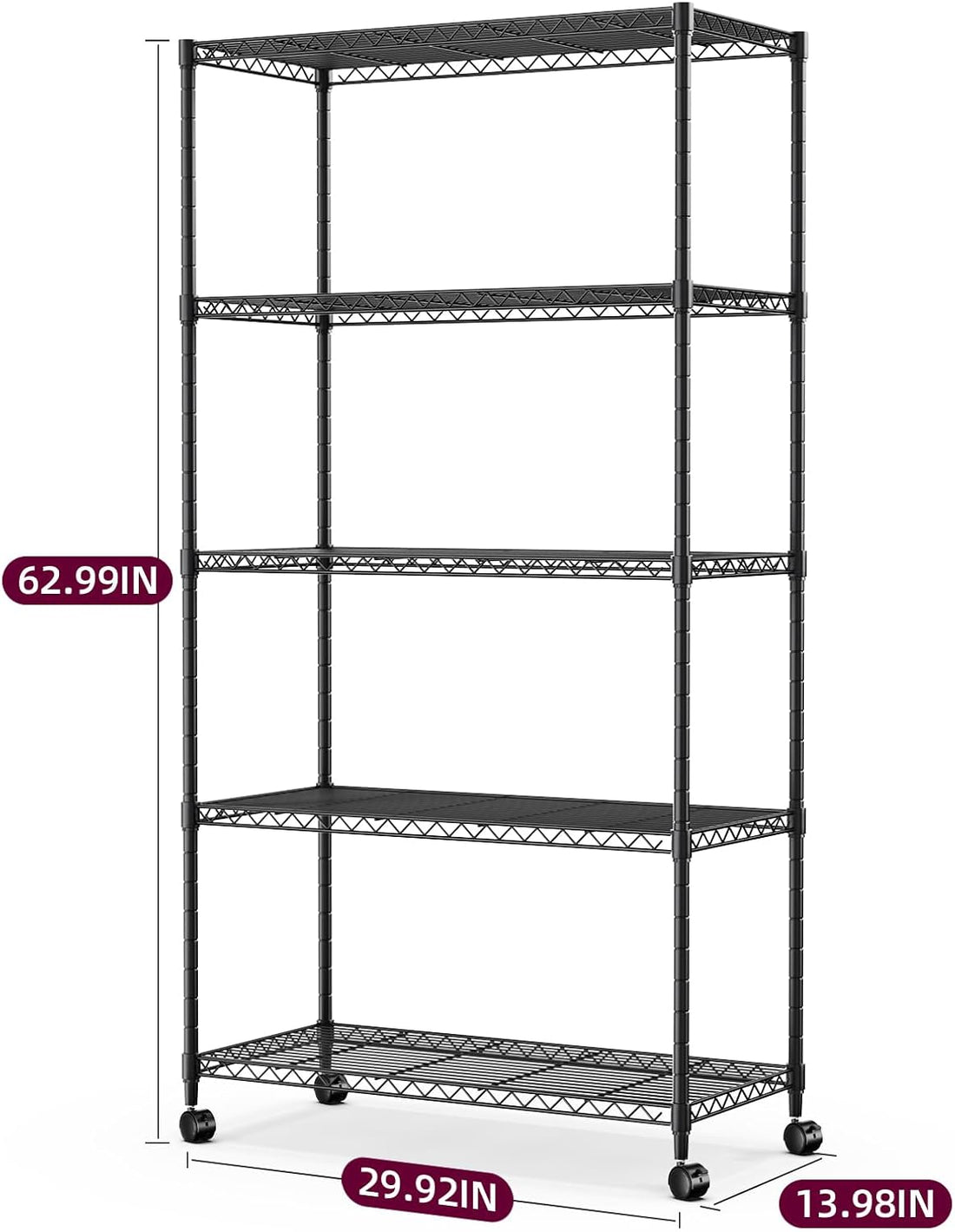 Heavy Duty 5 Shelf Storage Shelving Unit, 1250Lbs Loading Capacity, 29.92" D X 13.98" W X 61.09" H, Black Black Steel