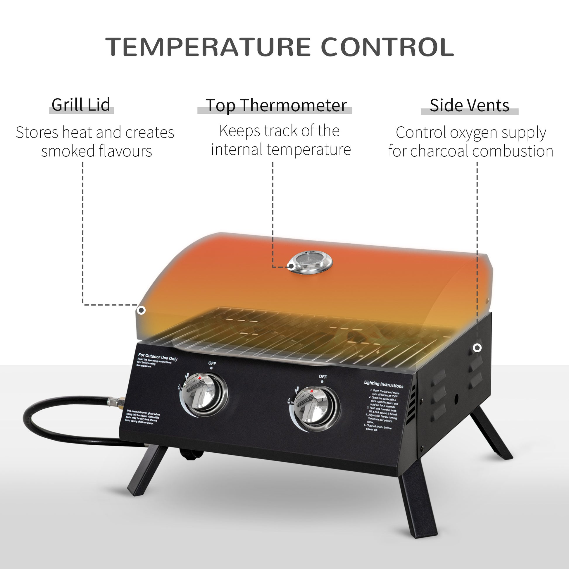 Outsunny 2 Burner Propane Gas Grill Outdoor Portable Tabletop Bbq With Foldable Legs, Lid, Thermometer For Camping, Picnic, Backyard, Black Black Carbon Steel