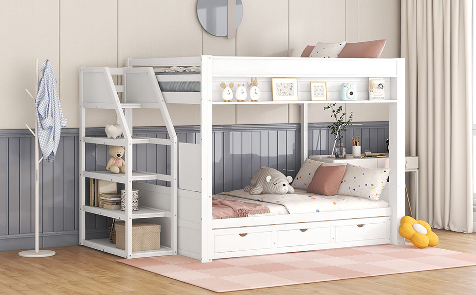 Wood Full Size Convertible Bunk Bed With Storage Staircase, Bedside Table, And 3 Drawers, White White Solid Wood Mdf