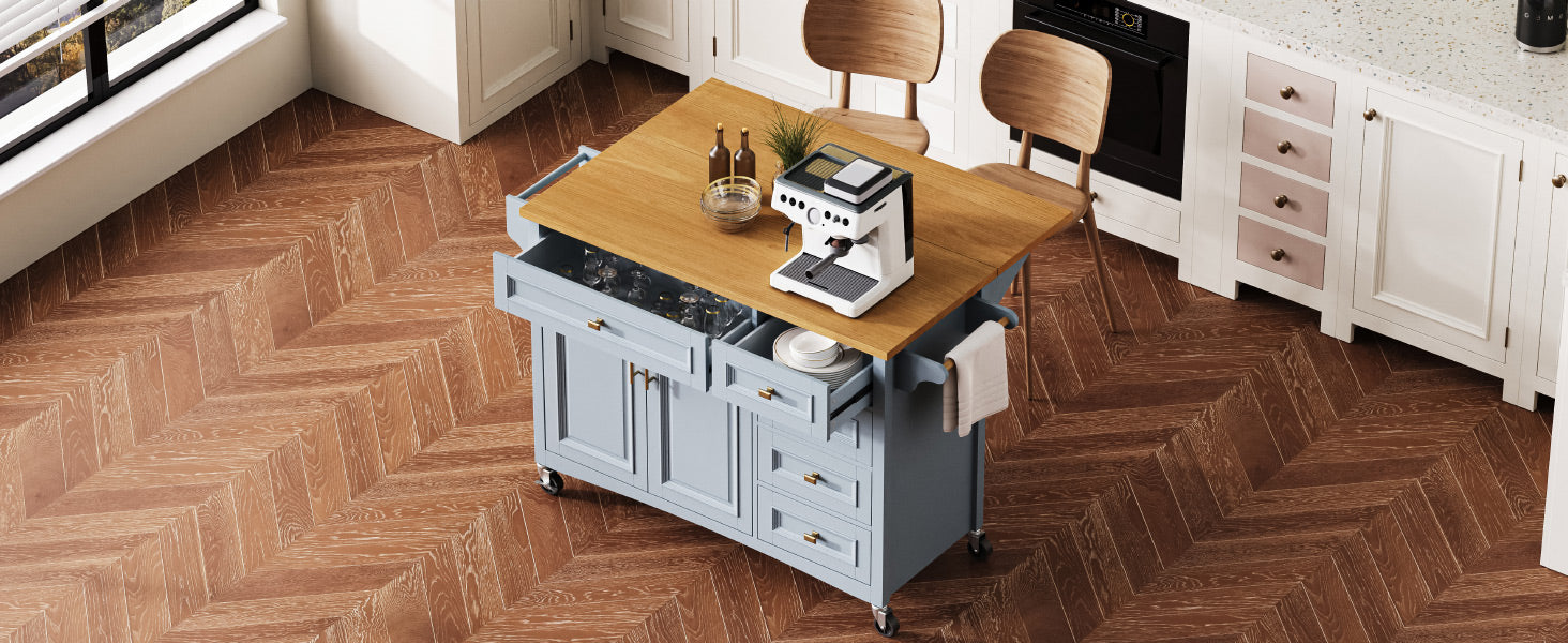 K&K 52'' Kitchen Island With Drop Leaf, Embossed Texture Kitchen Island On Wheels With Spice Rack, Towel Rack, 2 Doors And 5 Drawers, Kitchen Storage Cart With Adjustable Shelf For Kitchen, Blue