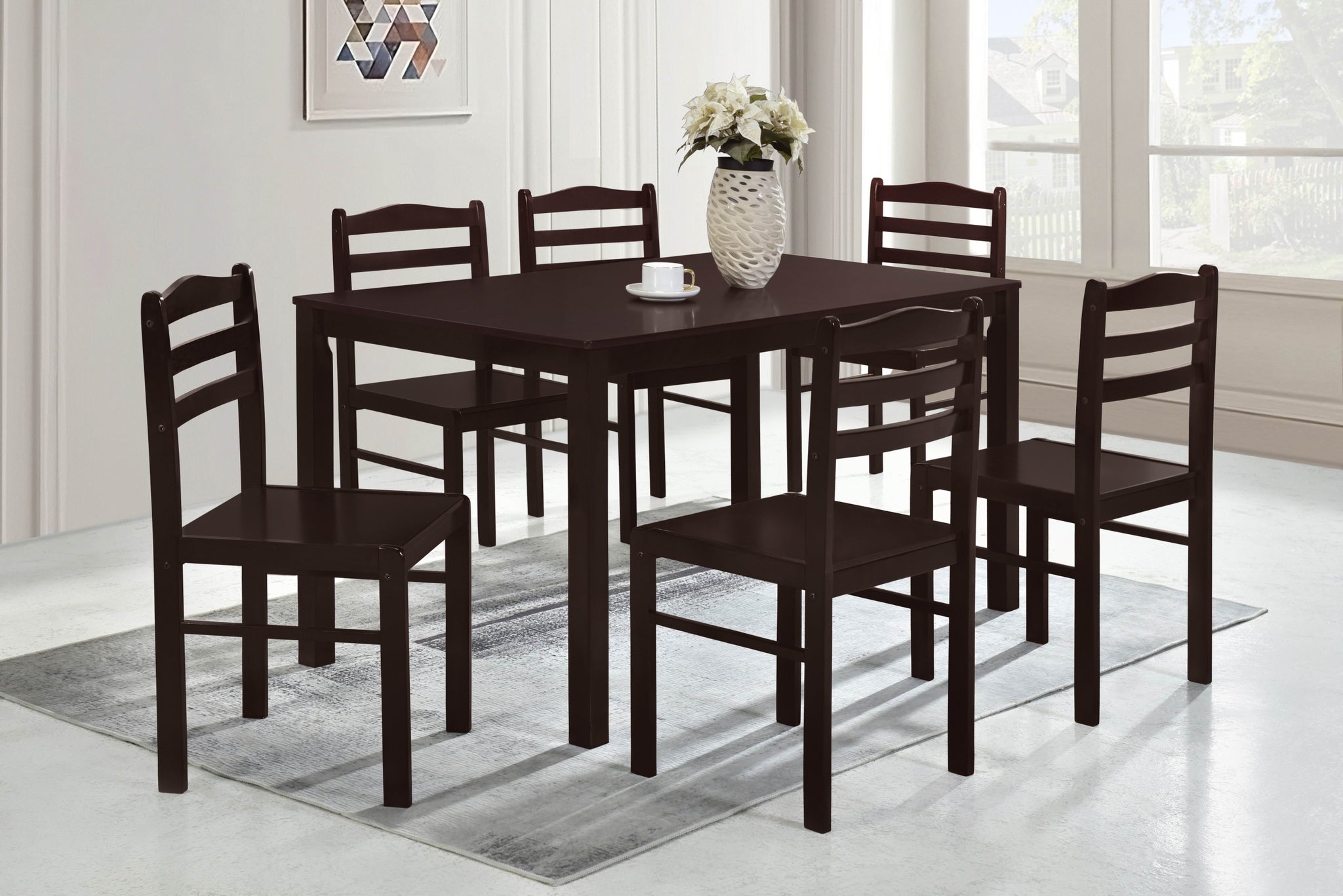 7Pc Dining Set Brown Finish Dining Table And 6 Chairs, Mdf And Solid Wood, Dining Kitchen Set Furniture Brown Seats 6 Dining Room 4 Leg Rectangular Dining Table With Chair Mdf