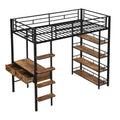 Twin Size Metal Loft Bed With Desk And Shelves, Black Box Spring Not Required Twin Black Metal Solid Wood Mdf