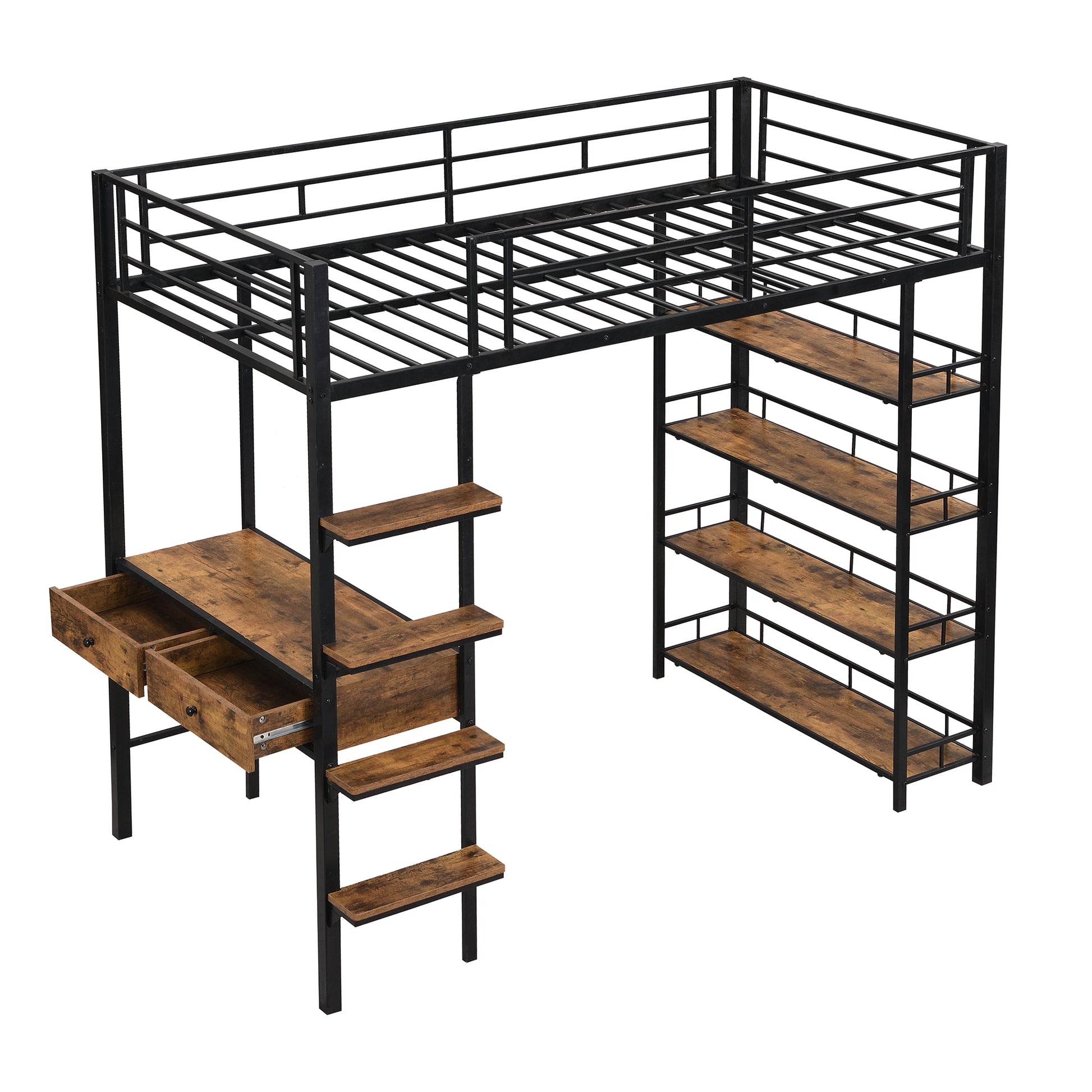 Twin Size Metal Loft Bed With Desk And Shelves, Black Box Spring Not Required Twin Black Metal Solid Wood Mdf