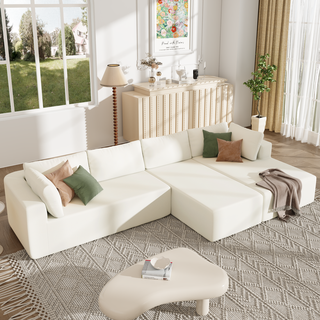 Modern Large Modular Sectional Sofa For Living Room, Bedroom, Salon, 3 Piece Free Combination Beige Polyester 3 Seat