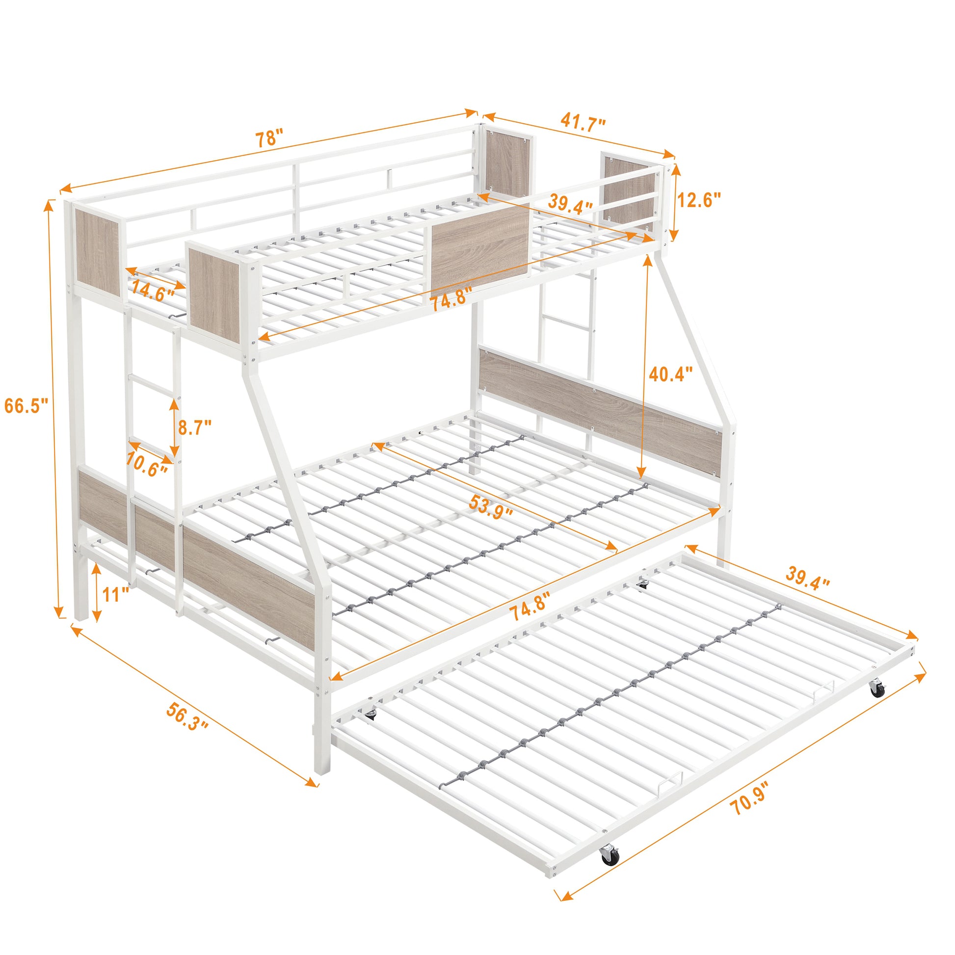Twin Over Full Metal Bunk Bed With Trundle 2 Side Ladder And Full Length Guardrail, No Box Spring Needed, Large Under Bed Storage, Easy Assemble Full Brown White Mdf Metal