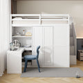 Full Size Loft Bed With Wardrobe,Desk And Shelves,White White Mdf Lvl