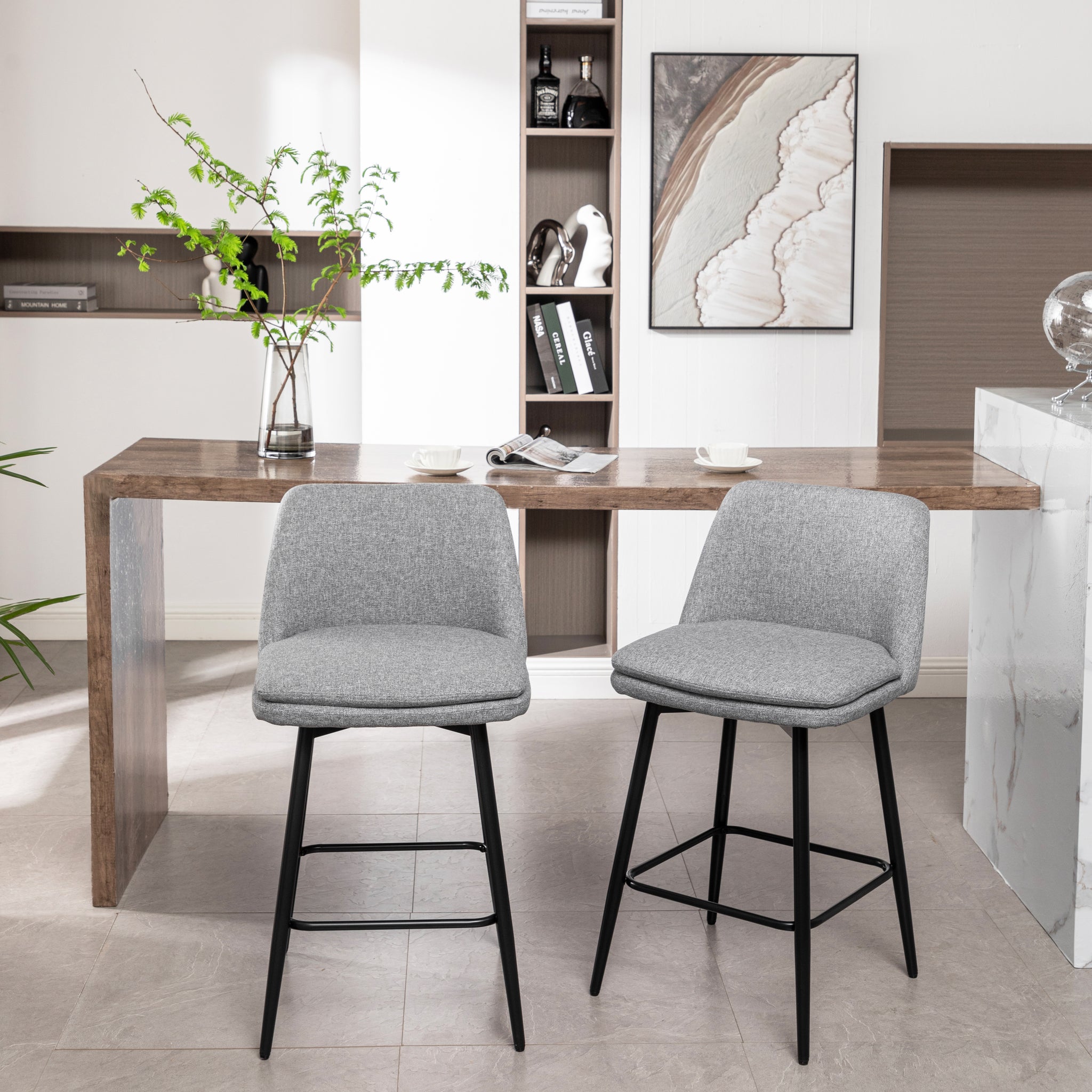 Counter Height Swivel Bar Stools Set Of 2, 360 Swivel Upholstered Barstools With Back And Metal Legs, 25.6" Seat Height,Counter Stools For Kitchen Island And Pub,Linen Cloth,Grey Light Grey Set Of 2 Linen