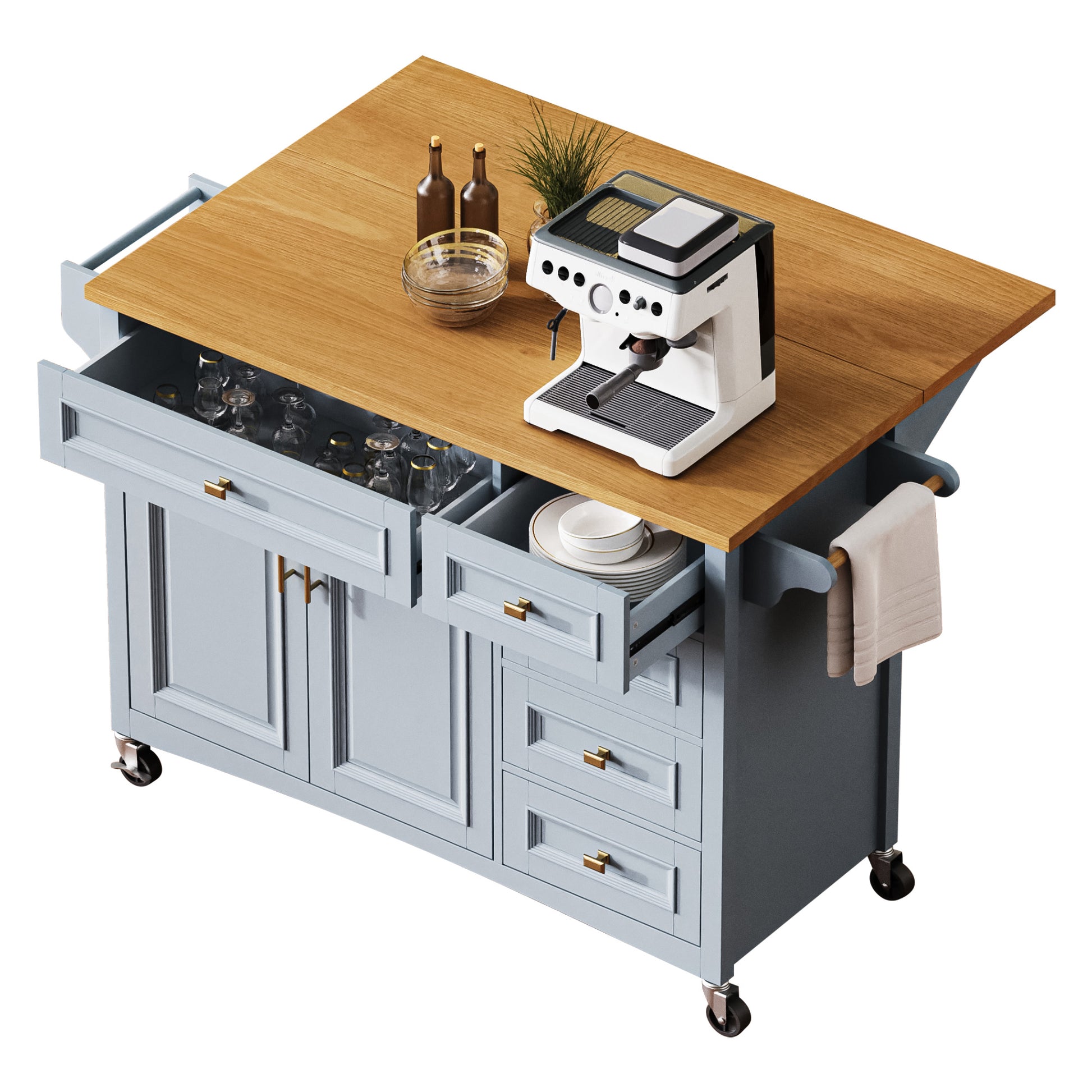 K&K 52'' Kitchen Island With Drop Leaf, Embossed Texture Kitchen Island On Wheels With Spice Rack, Towel Rack, 2 Doors And 5 Drawers, Kitchen Storage Cart With Adjustable Shelf For Kitchen, Blue