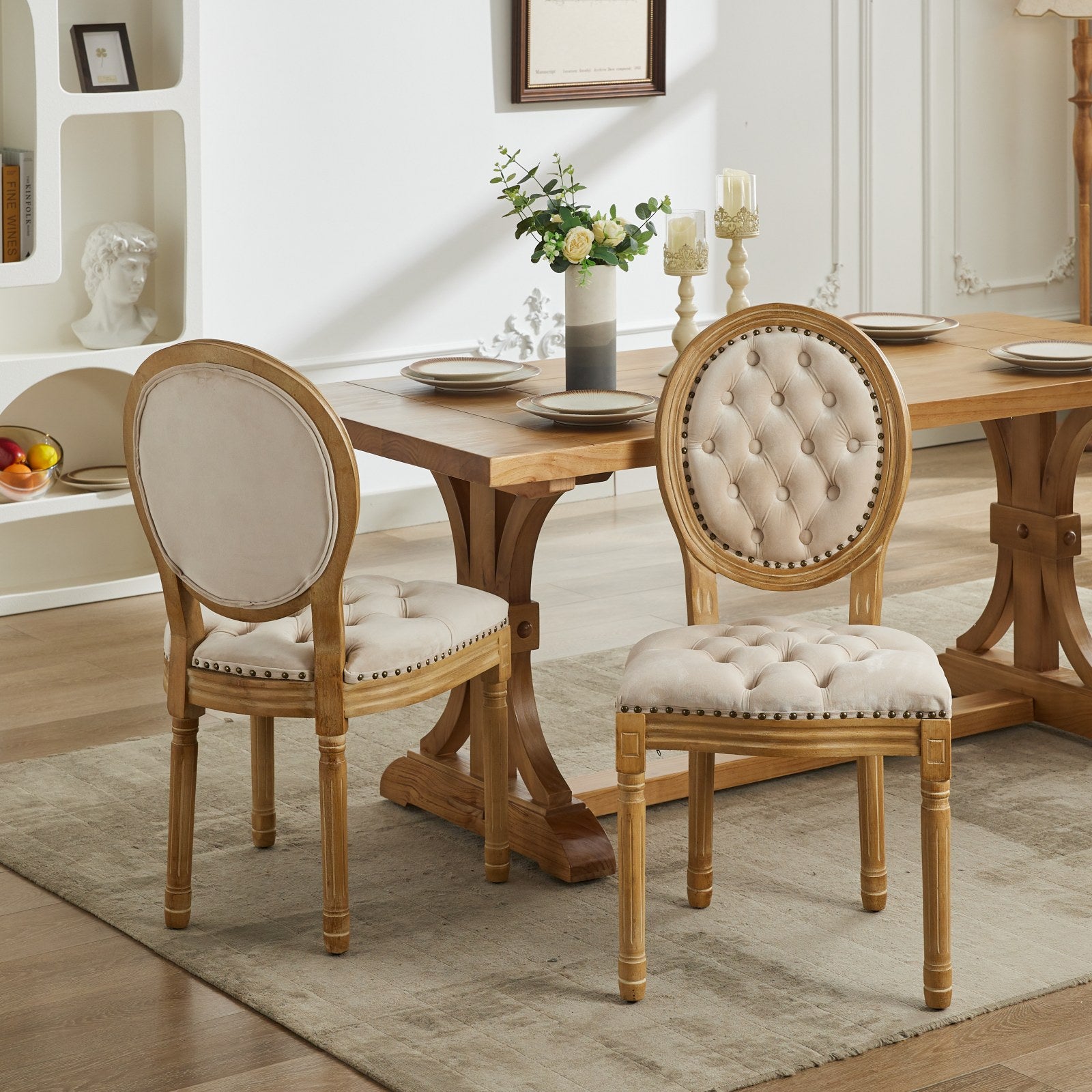 French Style Solid Wood Frame Antique Painting,Hand Pulled Buckle Decoration Velvet Artificial Leather Dining Chair With Trim ,Wood Legs,Steel Spring Inner,Set Of 2,Beige,Sw1739Bg Beige Dining Room American Design Dining Chairs Rubberwood Set Of 2 Foam