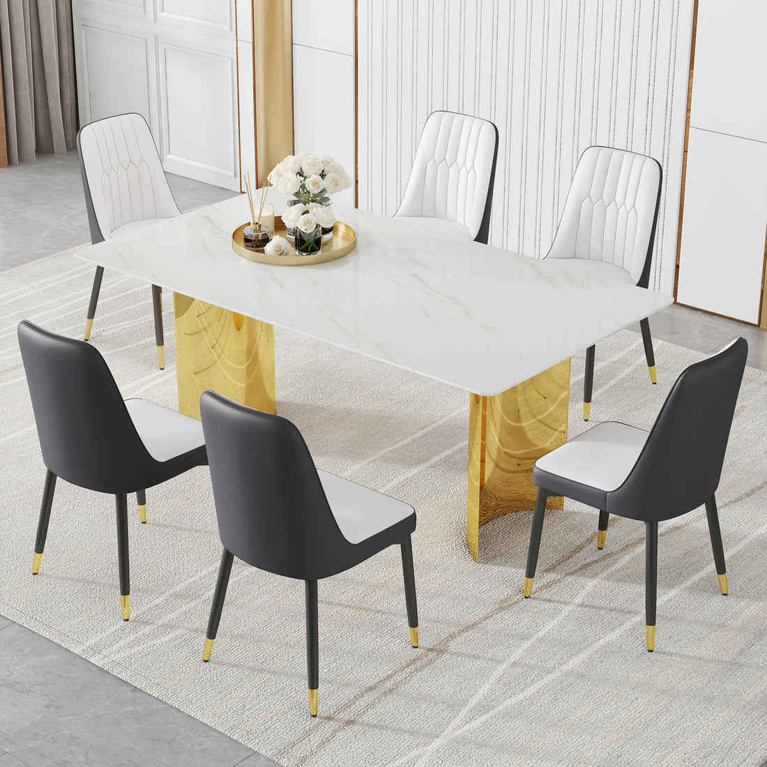 Table And Chair Set.The Table Has A Glass Top With Imitation Marble Pattern Stickers And Stainless Steel Golden Legs. Paried With Chairs With Pu Artificial Leather Backrest Cushions And Black Legs. White Gold Seats 6 Glass Metal