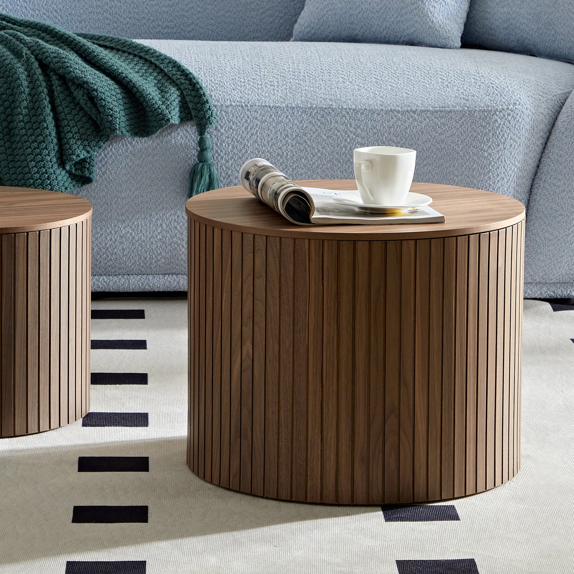 Mdf Nested Table Set 2 Pieces, Handcrafted Round Coffee Table In Living Lounge Area, Walnut Color Walnut Round Round Mdf