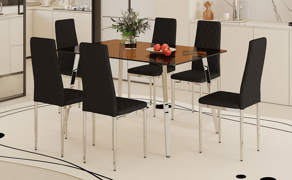 Table And Chair Set.Large Modern Rectangular Table With Brown Glass Top And Silver Metal Legs. Paired With 6 Black Chairs With Checkered Armless High Back Pu Cushion And Silver Metal Legs. Black,Silver Seats 6 Glass Metal