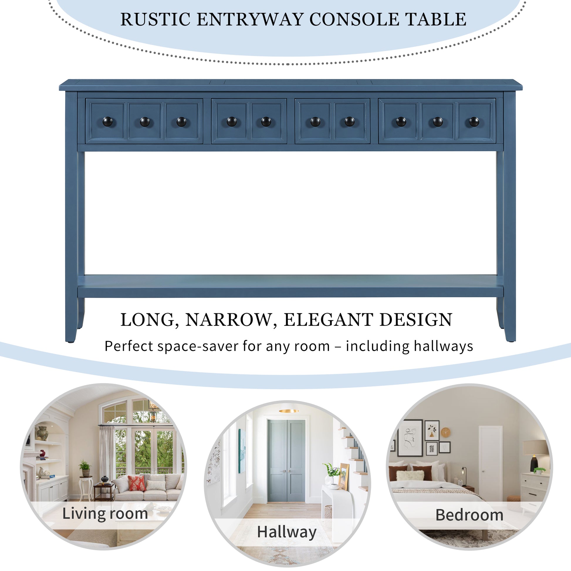 Rustic Entryway Console Table, 60" Long Sofa Table With Two Different Size Drawers And Bottom Shelf For Storage Antique Navy Antique Navy Solid Wood