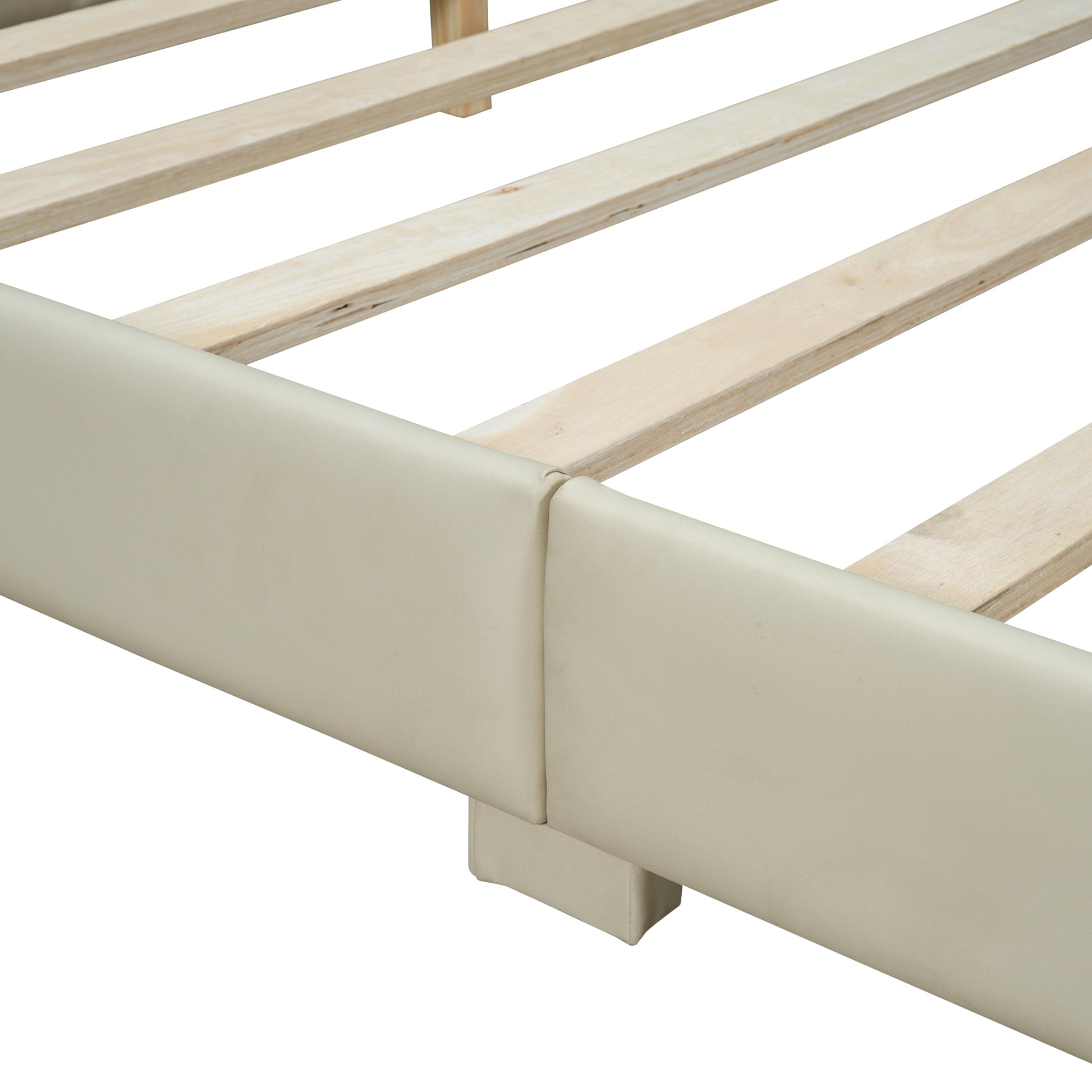 Queen Size & Twin Xl Size Upholstered Platform Bed, Mother & Child Bed, Pu Leather, Beige Beige Pu Leather