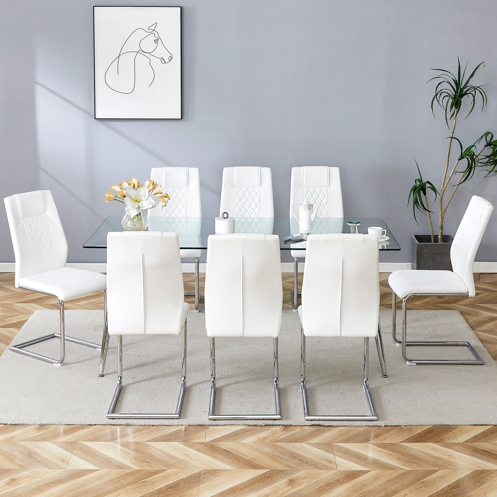 Table And Chair Set.Modern Rectangular Glass Dining Table With A Tempered Glass Tabletop And Silver Metal Legs, Paired With Multiple Chairs Designed With Pu Cushions And Silver Metal Legs. Silver White Seats 8 Tempered Glass