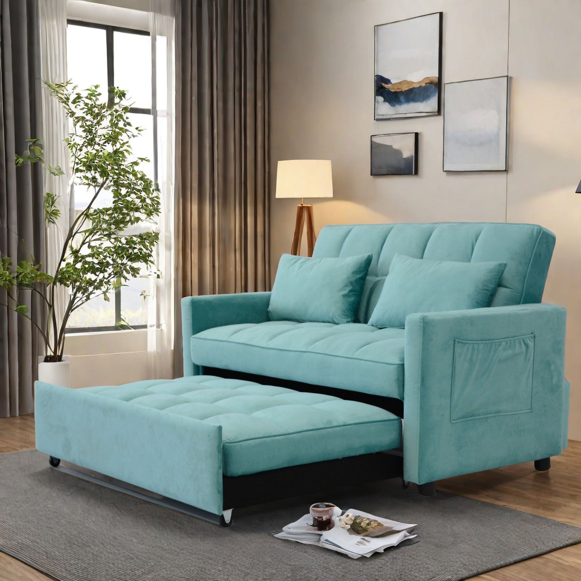 55.2" Velvet Two Seater Pull Out Sofa Bed, Adjustable Backrest With Three Usb Ports, Two Side Pockets, 3 In 1 Convertible Sleeper Sofa Bed, Modern Beautiful Seat Lounge Sofa For Living Room, Peacock Blue Brown Wood Primary Living Space Heavy Duty Pine 2