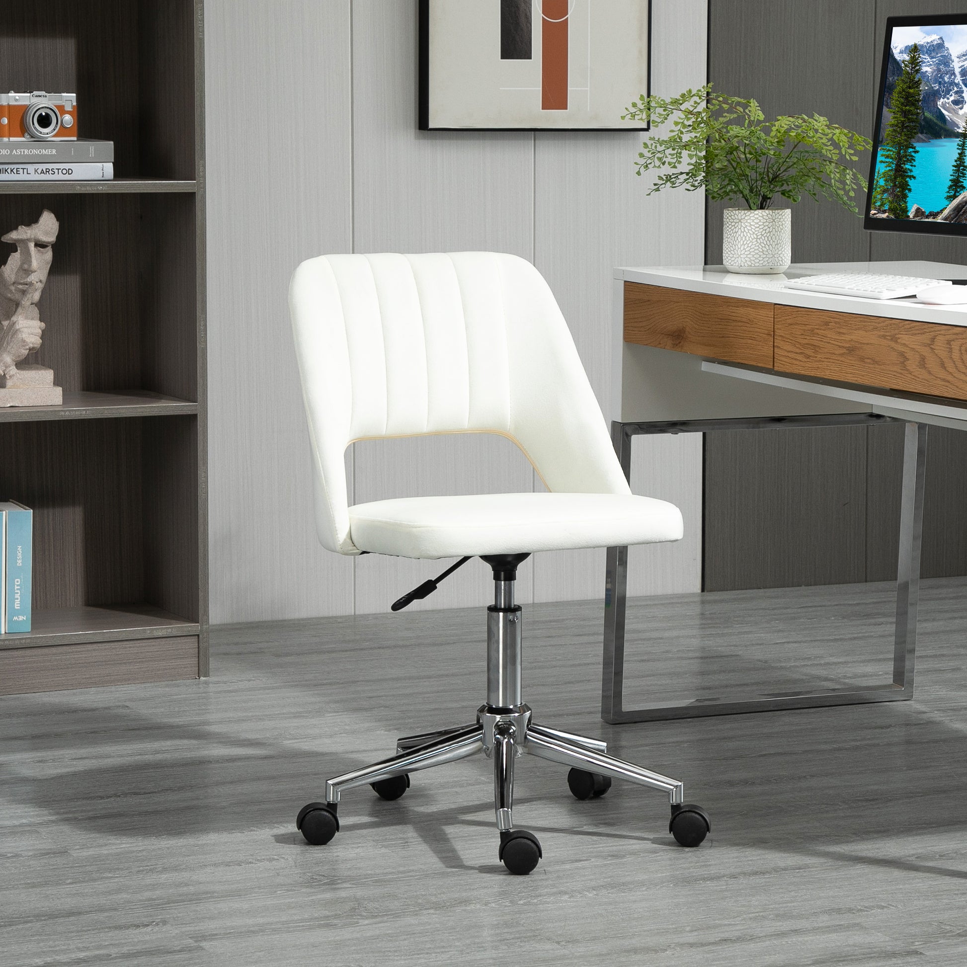 Vinsetto Modern Mid Back Office Chair With Velvet Fabric, Swivel Computer Armless Desk Chair With Hollow Back Design For Home Office, Cream White Cream White Polyester