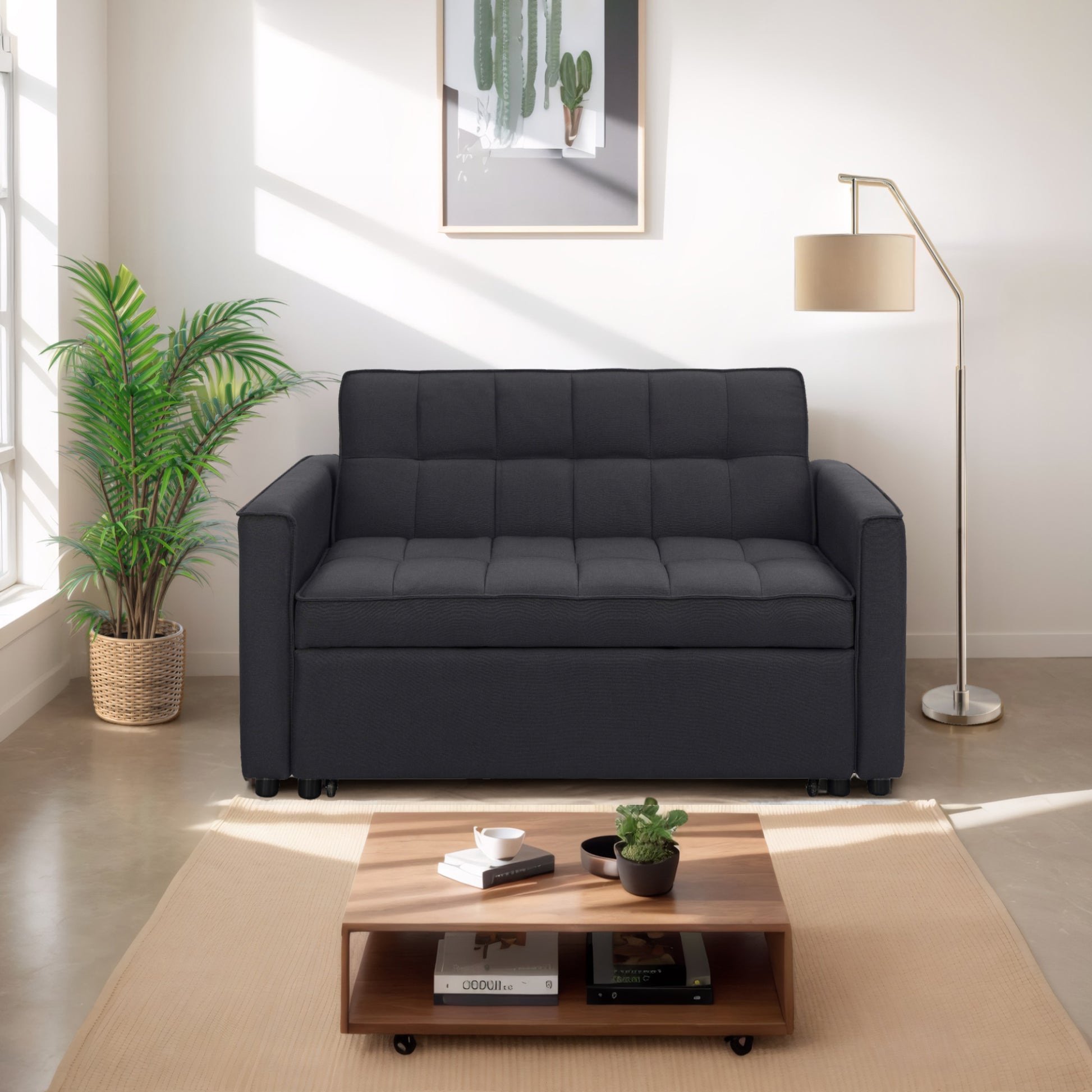 Stylish Black Pull Out Sofa Bed With Woven Polyester Fabric & Solid Wood Frame Black Polyester 2 Seat