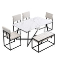 Modern Faux Marble 6 Piece Dining Table Set,60Inch Metal Kitchen Table Set With Upholstered Dining Chairs And Bench, Black Metal Dining Room Bench Seating Rectangular Dining Table With Chair And Bench Metal Wood Black Seats 6 60 Inches Farmhouse Trestle