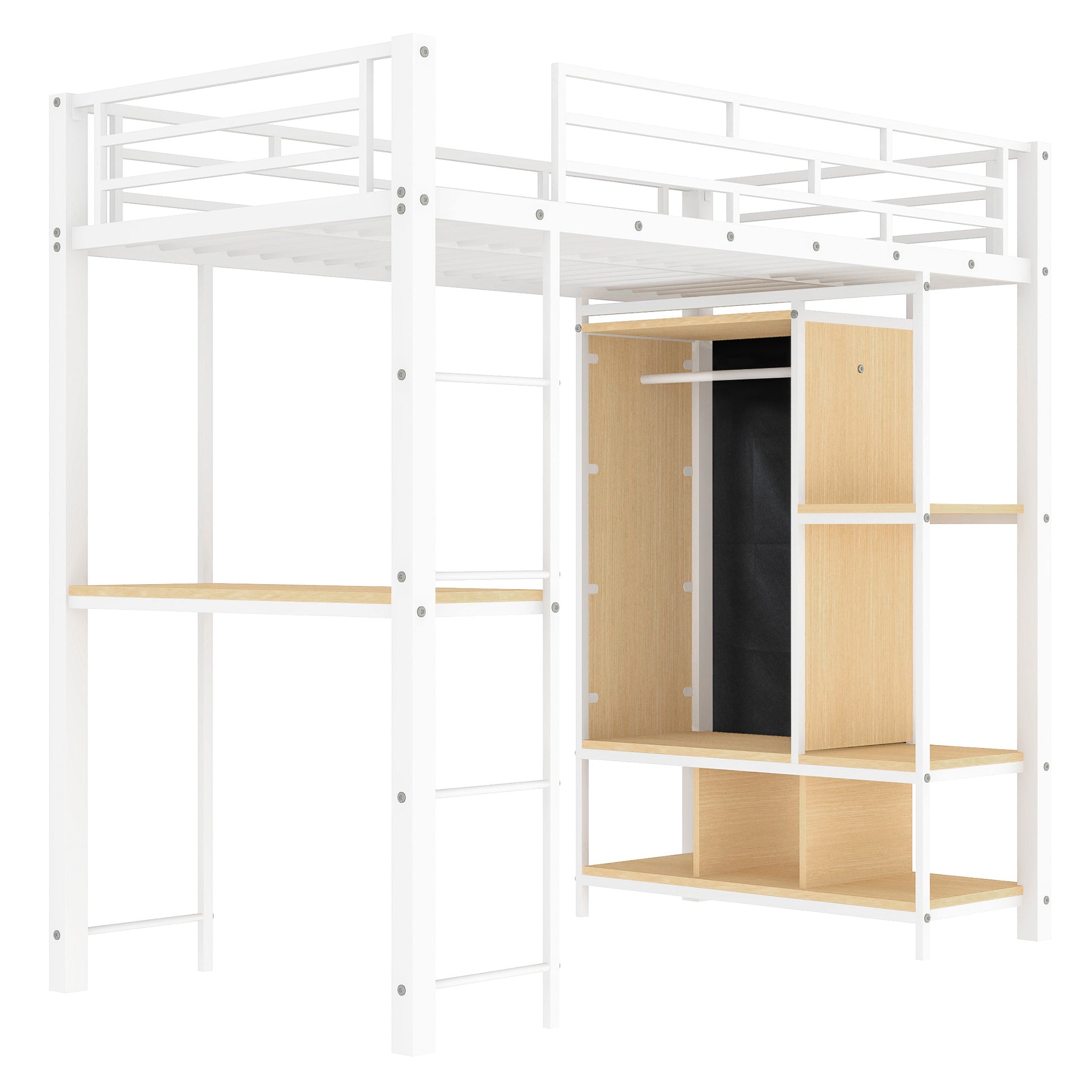 Twin Size Metal Loft Bed With Built In Wardrobe, Desk And Shelves, White Box Spring Not Required Twin White Metal Mdf Metal