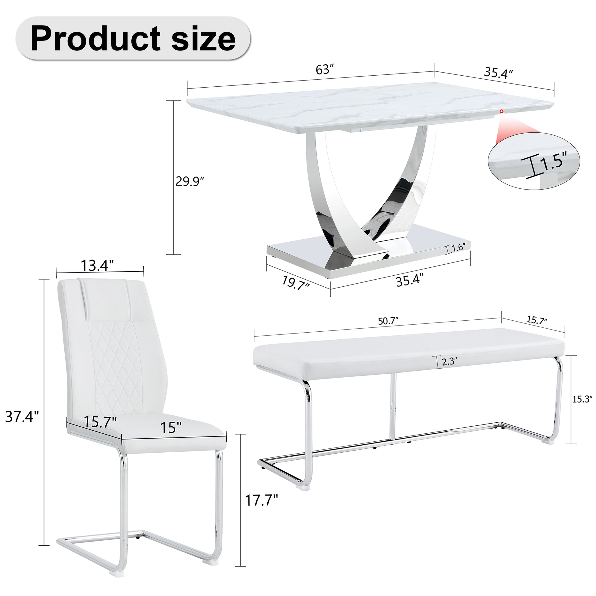 Table And Chair Set. Large Modern Rectangular Table With White Textured Top And Silver Metal Legs. Soft And Comfortable Pu Seats, Faux Leather Upholstered Seats And Sturdy Metal Legs. White Mdf Metal