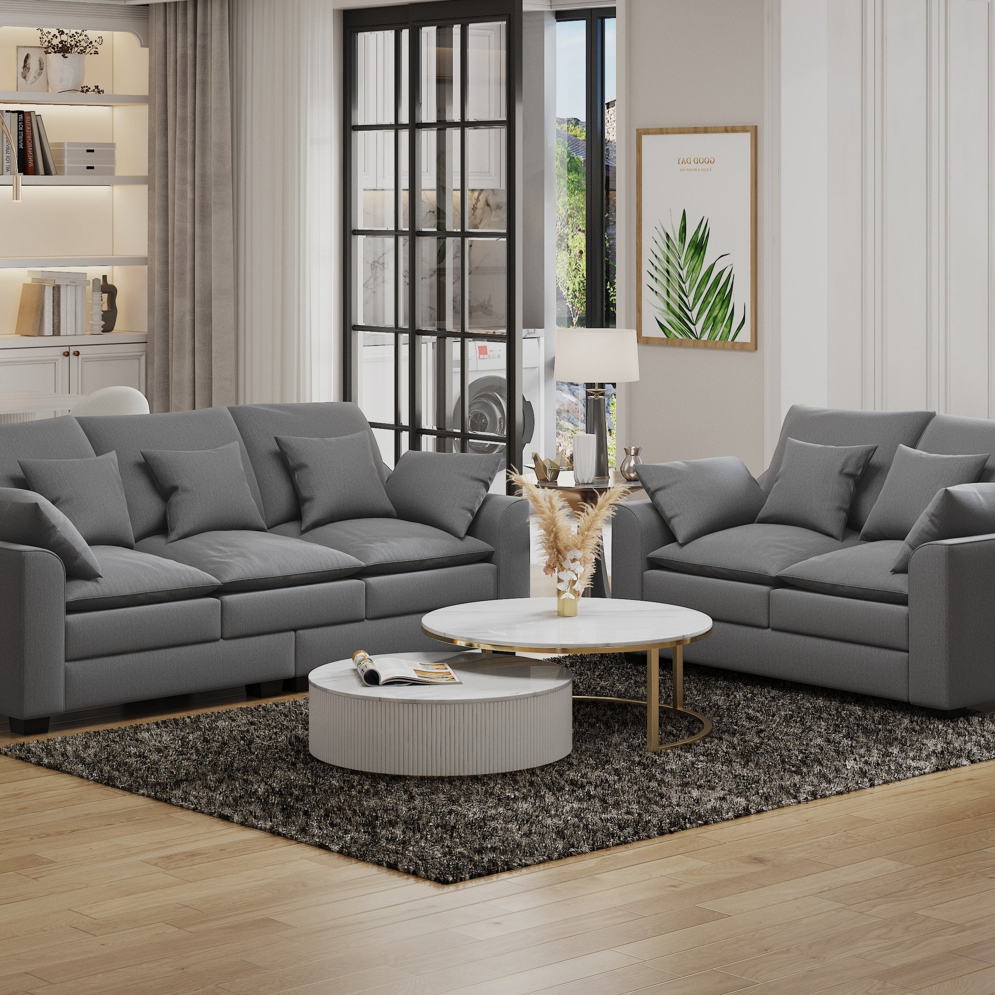 2 Pieces Sofa Couch 3 Seater And Loveseat With Pillows Polyester Upholstered Duck Down Filled Cushion Sofa Set For Living Room Apartment,Grey Grey Polyester Wood Primary Living Space Soft Cushion Back Foam Polyester 5 Seat