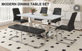 Table And Chair Set. Large Modern Rectangular Table With White Textured Top And Silver Metal Legs. Soft And Comfortable Pu Seats, Faux Leather Upholstered Seats And Sturdy Metal Legs. White Black Mdf Metal