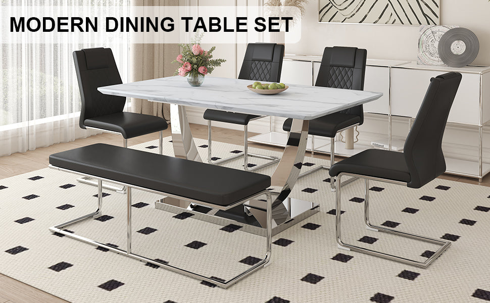Table And Chair Set. Large Modern Rectangular Table With White Textured Top And Silver Metal Legs. Soft And Comfortable Pu Seats, Faux Leather Upholstered Seats And Sturdy Metal Legs. White Black Mdf Metal