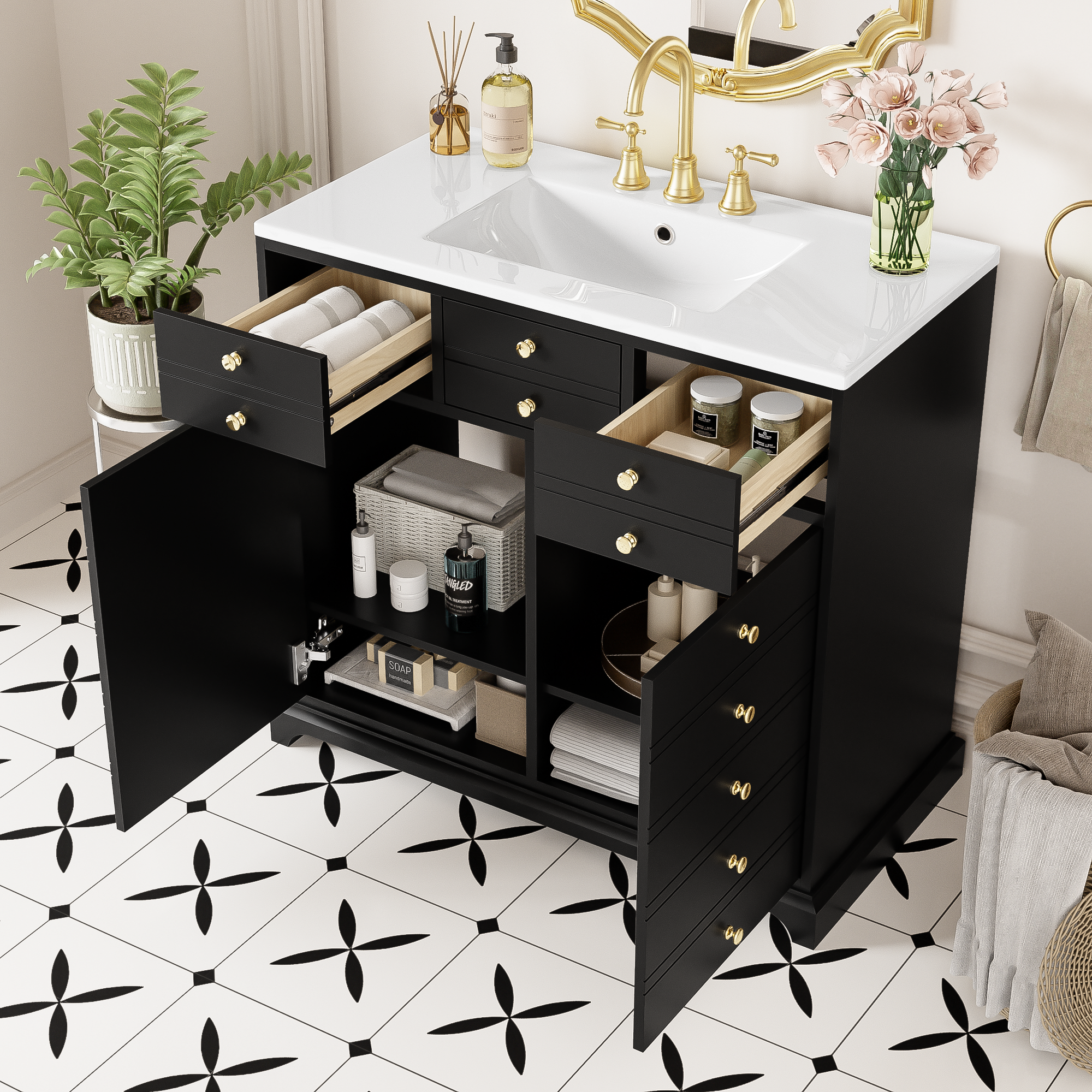 36'' Bathroom Vanity With Resin Sink Combo, Solid Wood Frame Bathroom Storage Cabinet, Freestanding Vanity Set With 2 Drawers& Soft Closing Doors, Black Black Bathroom Solid Wood Mdf Resin