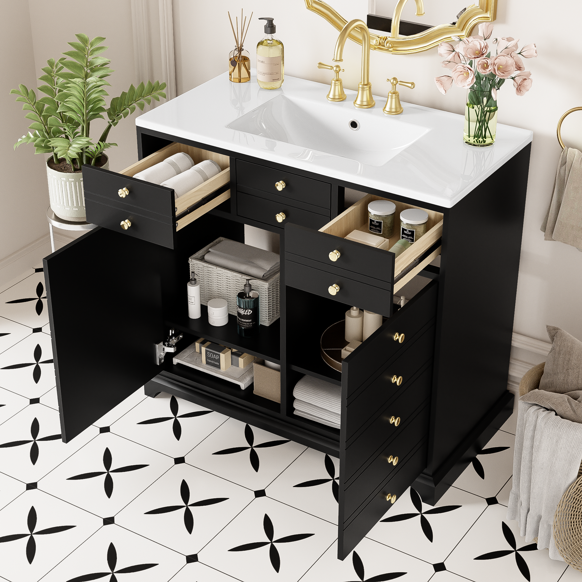 36'' Bathroom Vanity With Resin Sink Combo, Solid Wood Frame Bathroom Storage Cabinet, Freestanding Vanity Set With 2 Drawers& Soft Closing Doors, Black Black Bathroom Solid Wood Mdf Resin