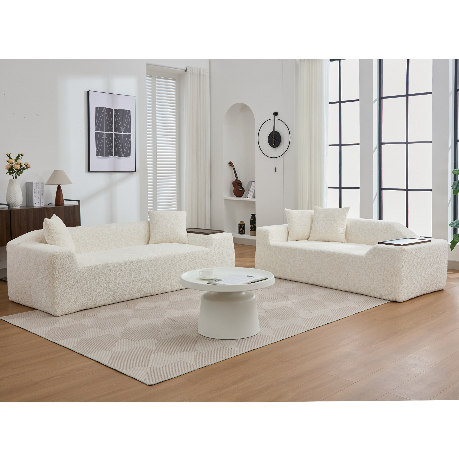 Arrived 2 Piece Boucle Cloud Sofa Set, Upholstered Sofa Set, Modern 3 Seater And 2 Seater Sofa With Mdf End Table For Living Room ,Apartment,3 2 Couch,Boucle,Beige Beige Polyester Primary Living Space Soft Tight Back Modern Square Arms Foam Upholstered 5
