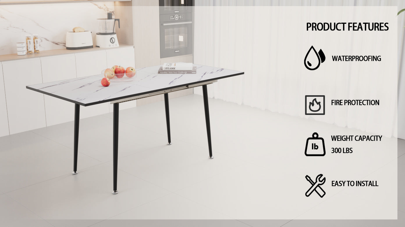63" Mdf Square White Marble Pattern Stretchable Dining Table, Modern Industrial Kitchen And Dining Table, Equipped With Tapered Black Metal Legs White Mdf
