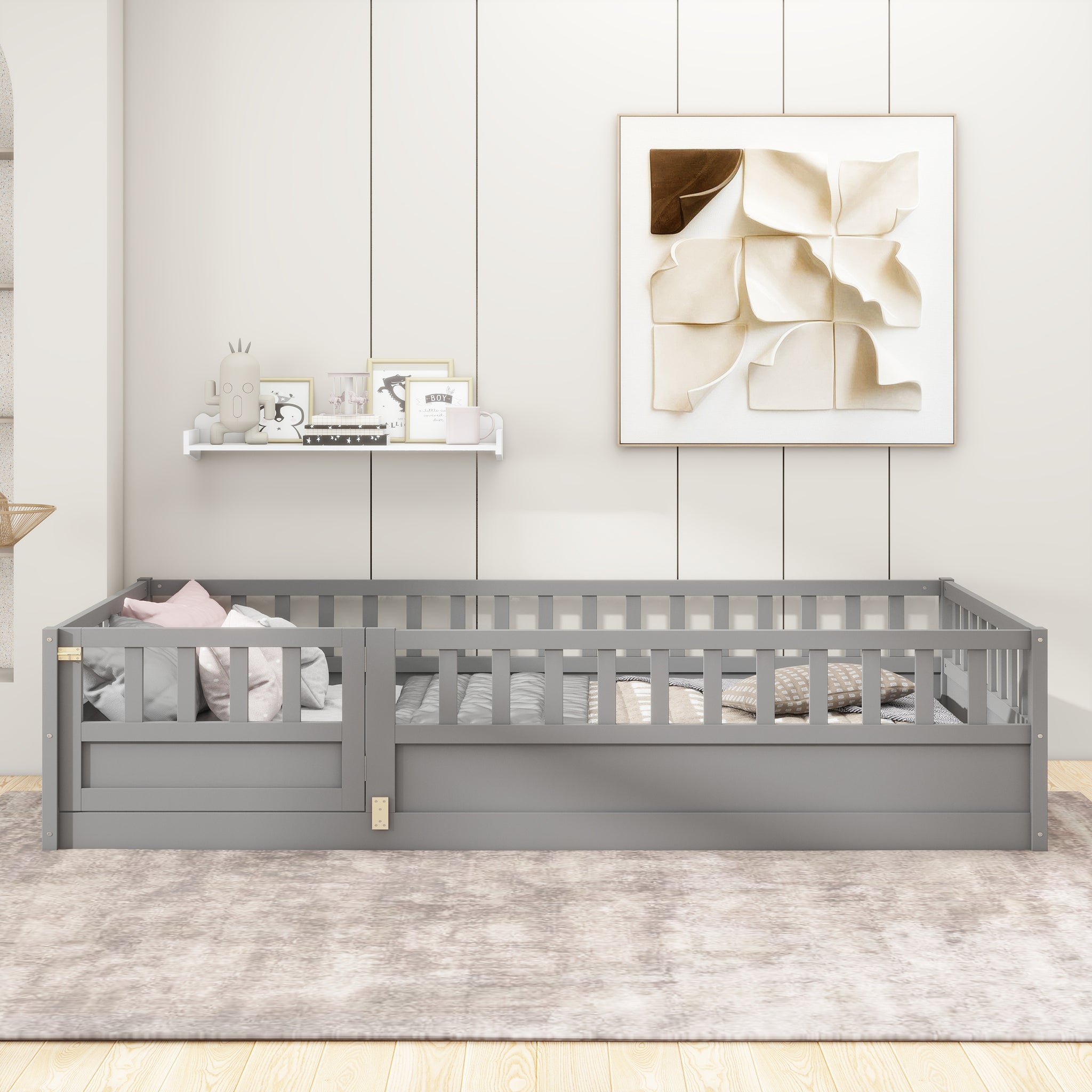 Twin Size Floor Bed, Integral Construction With Super High Security Barrier, Door, Children'S Floor Bed Frame, Montessori Wooden Children'S Floor Bed, Support Slat Grey Box Spring Required Twin Grey Wood Brown Bedroom American Design,Artsy Pine Bed Frame