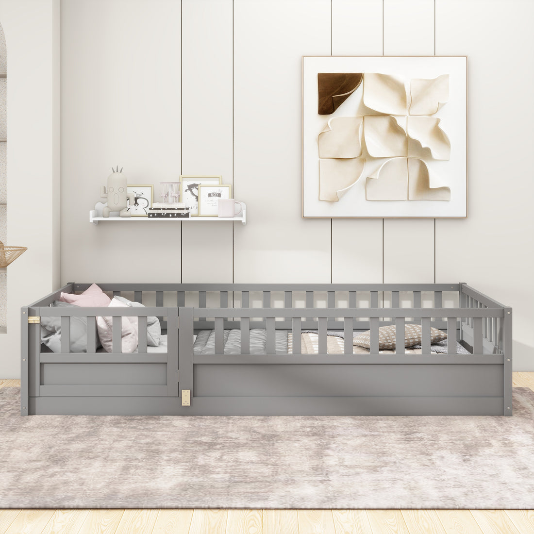 Twin Size Floor Bed, Integral Construction With Super High Security Barrier, Door, Children'S Floor Bed Frame, Montessori Wooden Children'S Floor Bed, Support Slat Grey Box Spring Required Twin Grey Wood Brown Bedroom American Design,Artsy Pine Bed Frame