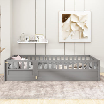 Twin Size Floor Bed, Integral Construction With Super High Security Barrier, Door, Children'S Floor Bed Frame, Montessori Wooden Children'S Floor Bed, Support Slat Grey Box Spring Required Twin Grey Wood Brown Bedroom American Design,Artsy Pine Bed Frame