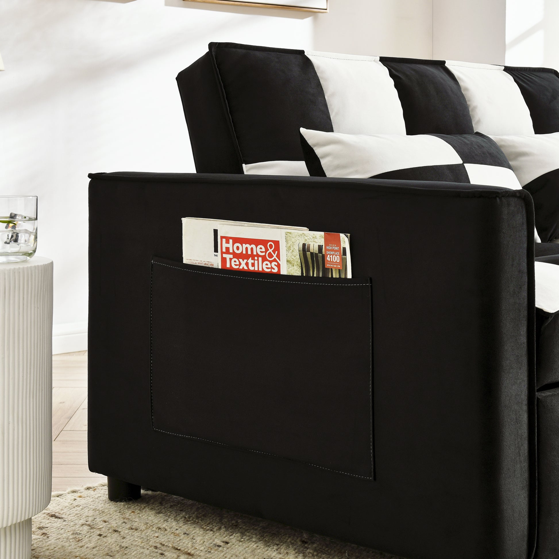 Modern Velvet Seat Sofa Couch Pull Out Bed,3 In One Convertible For Living Room Sofa Bed,Black White Black White Velvet Primary Living Space Cushion Back Medium Soft Medium Duty American Design Pillow Top Arms Foam Velvet 2 Seat