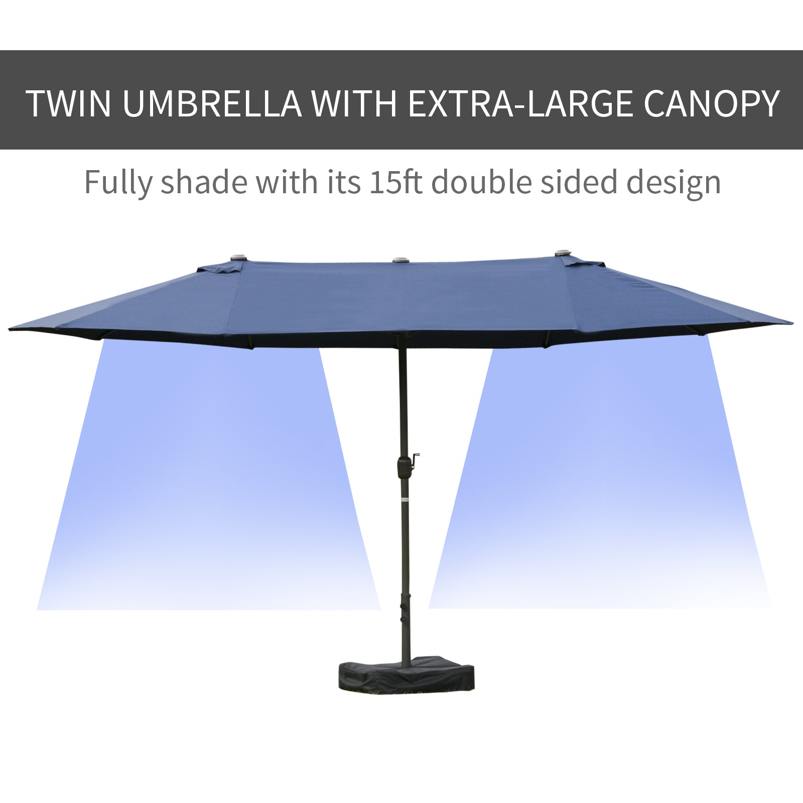 Outsunny Patio Umbrella 15' Steel Rectangular Outdoor Double Sided Market With Base, Sun Protection & Easy Crank For Deck Pool Patio, Dark Blue Blue Steel