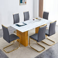 Table And Chair Set.Large Modern Rectangular Table With 0.4 Inch Patterned Glass Tabletop And Large Mdf Table Legs.Comes With 6 Chairs With Faux Leather Cushioned Seats And Golden Metal Legs. Gold White Seats 6 Mdf Glass