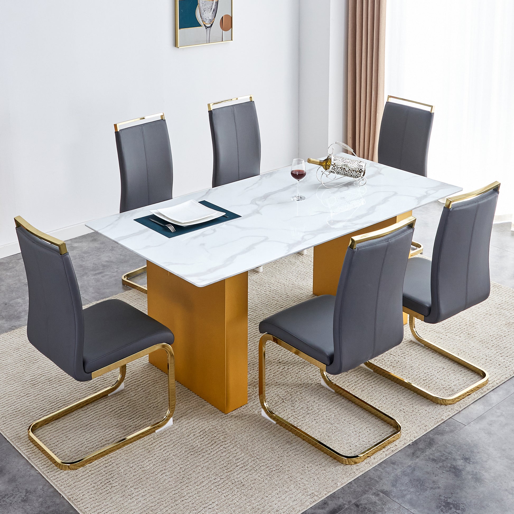 Table And Chair Set.Large Modern Rectangular Table With 0.4 Inch Patterned Glass Tabletop And Large Mdf Table Legs.Comes With 6 Chairs With Faux Leather Cushioned Seats And Golden Metal Legs. Gold White Seats 6 Mdf Glass