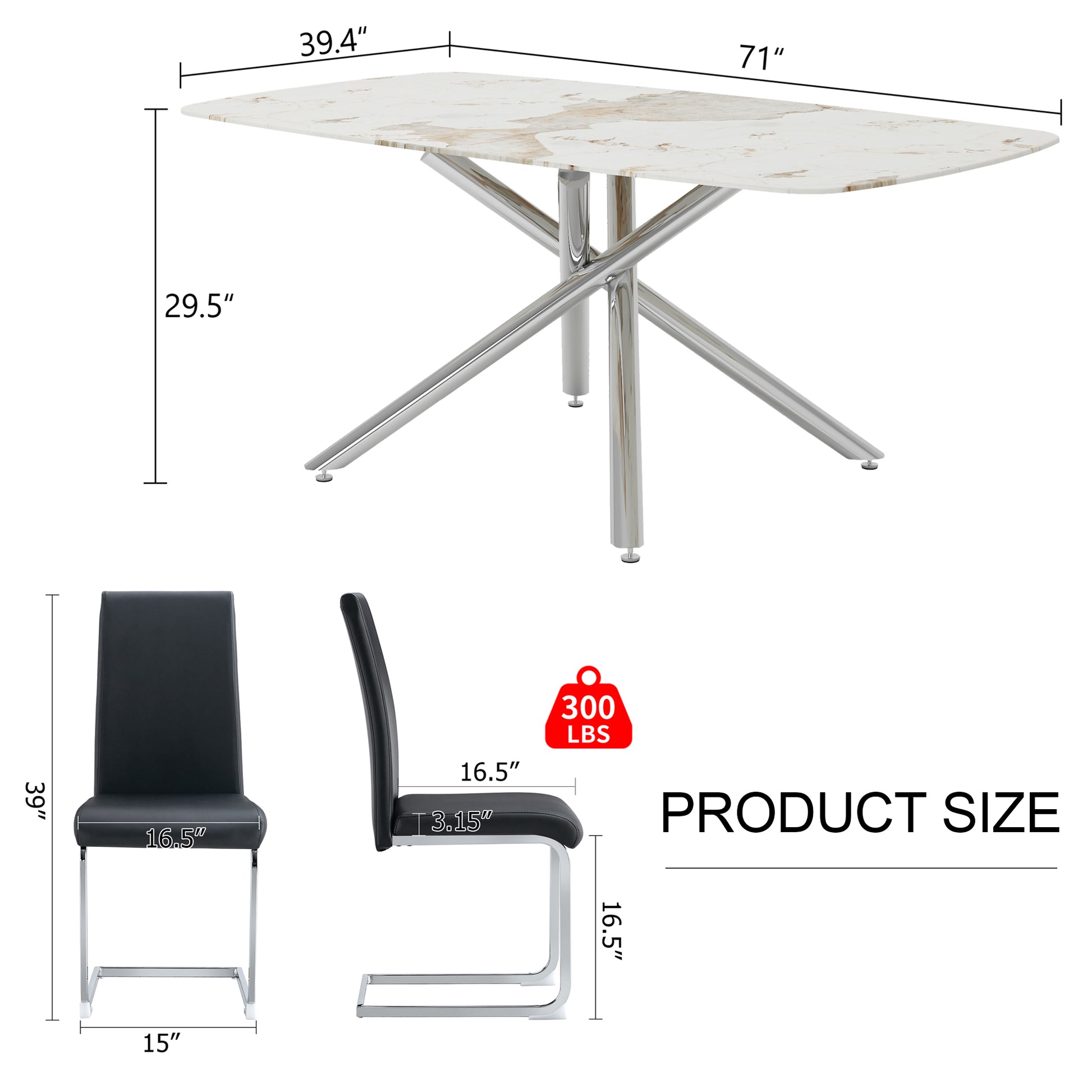 Table And Chair Set, Large Modern Minimalist Rectangular Dining Table, 0.39 "Imitation Marble Tabletop And Silver Metal Legs, Soft Leather Seats. F 1537 Silver Glass Metal
