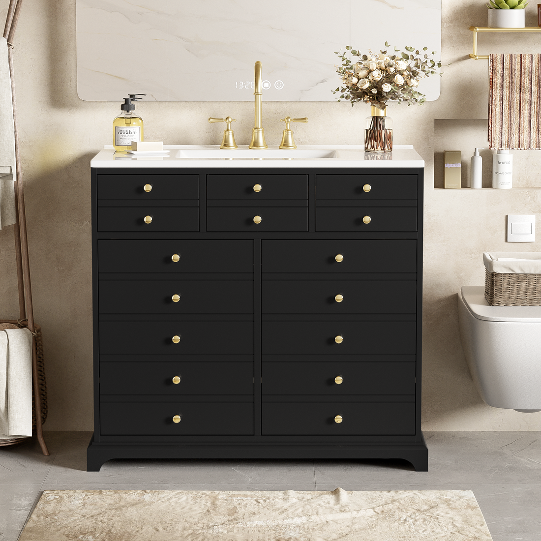 36'' Bathroom Vanity With Resin Sink Combo, Solid Wood Frame Bathroom Storage Cabinet, Freestanding Vanity Set With 2 Drawers& Soft Closing Doors, Black Black Bathroom Solid Wood Mdf Resin
