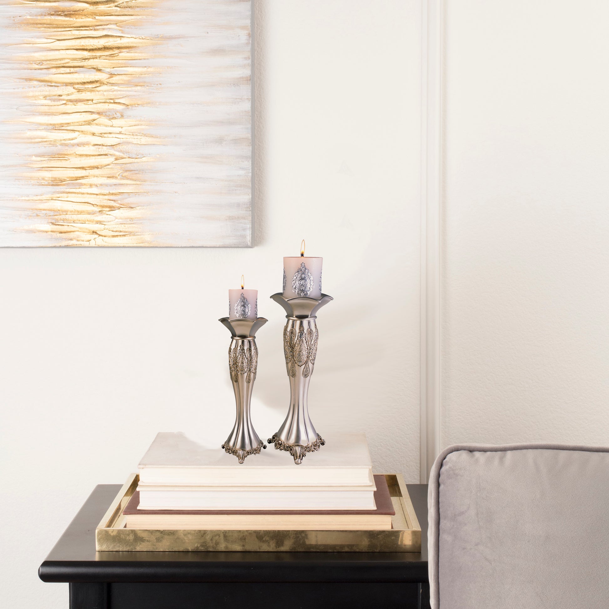 12" And 14" Tall Polyresin Candleholder, Silver Royal Design Set Of 2 Silver Polyresin