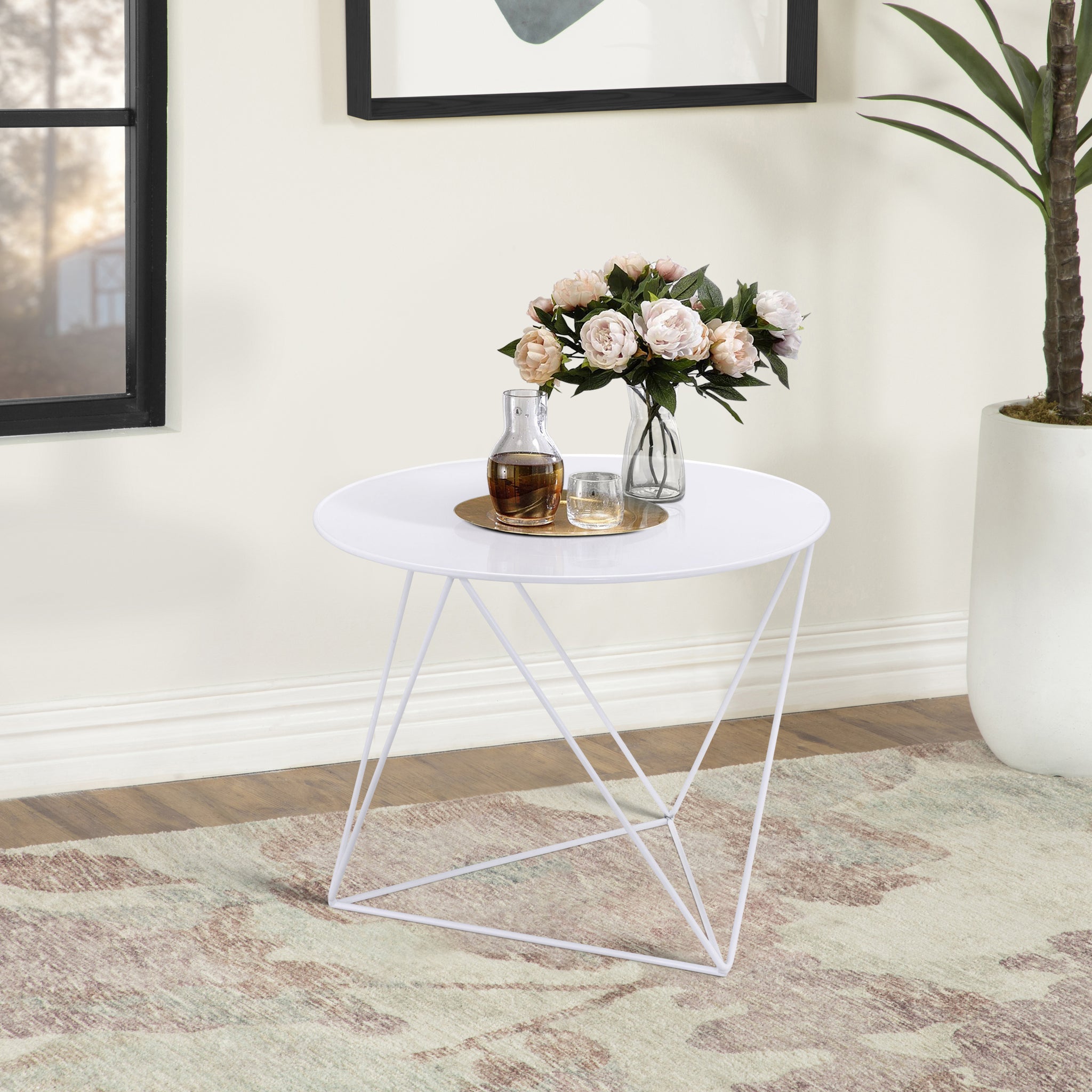 White Geometric Metal Base Accent Table White Primary Living Space Modern Round Metal Sled